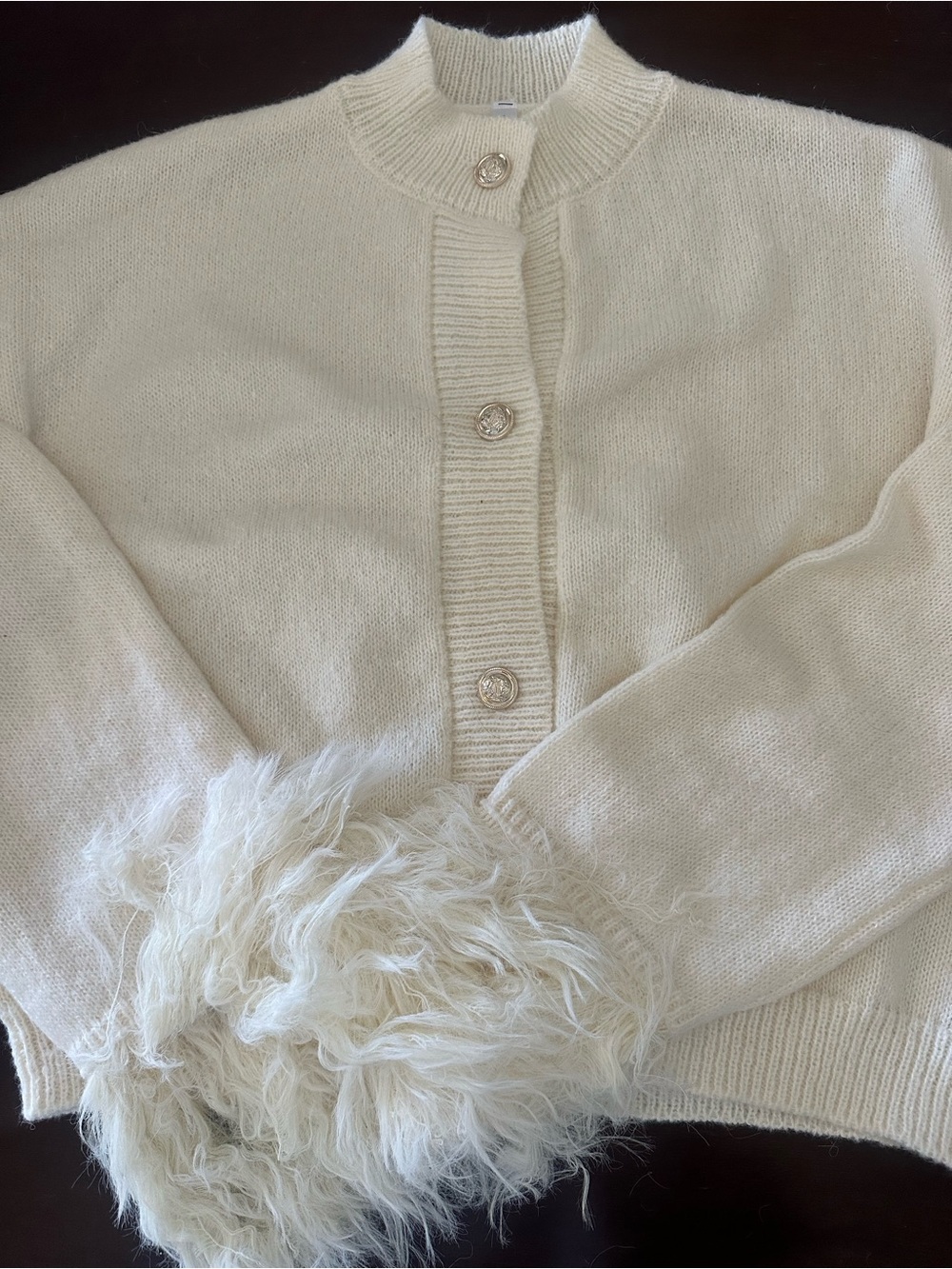 Crewneck Cream Sweater with Faux-Fur Cuffs